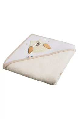 Akuku Baba kapucnis törölköző, 100x100 cm, ekrü baglyos