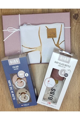 Ajándékcsomag- Bibs cumisüveg, Bibs világítós cumi púderrózsaszín/ vanília (válassz méretet), arany márvány cumitartó